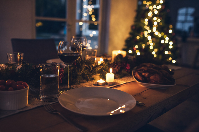 Christmas meal and Christmas tree lights